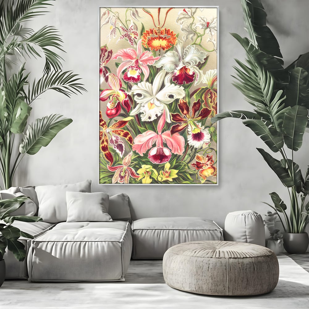 Tablou canvas cu ilustratie botanica cu orhidee multicolore, in rama de aluminiu argintiu, pe perete intr-un living
